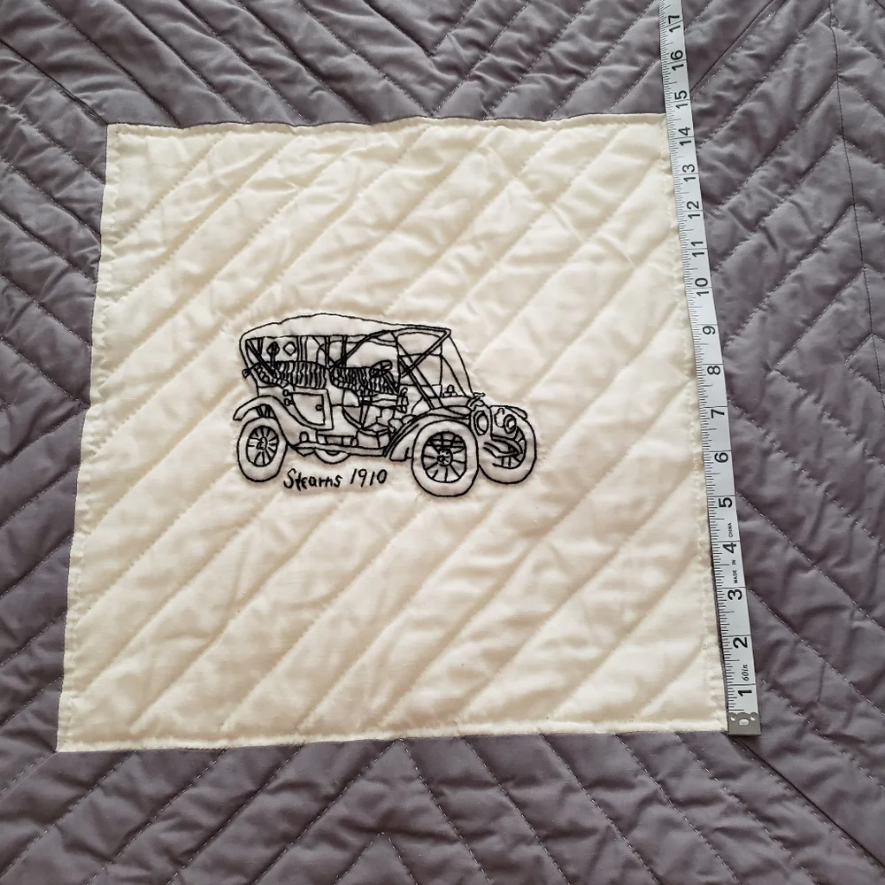King Queen Quilt Embroidered Antique Cars Grey White Hand Stitched Needlepoint